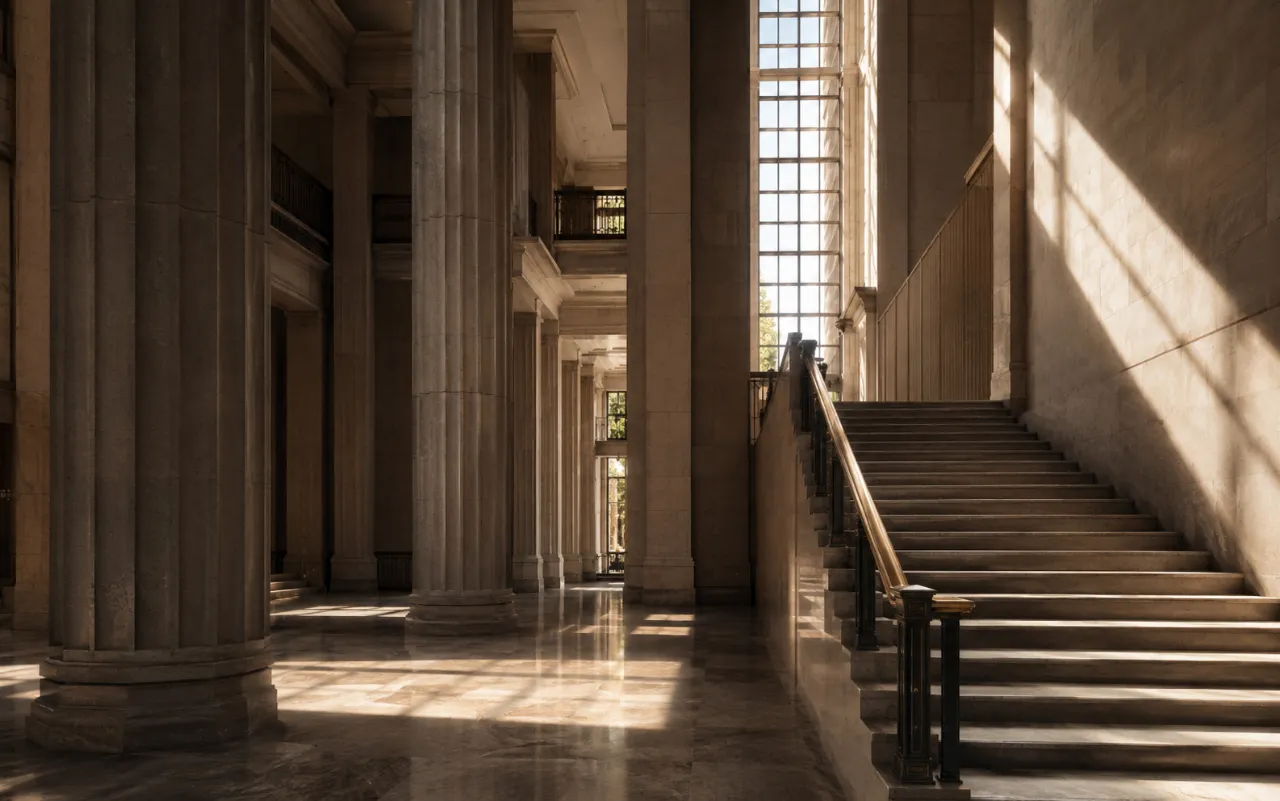 A dignified institutional building exterior in warm daylight.