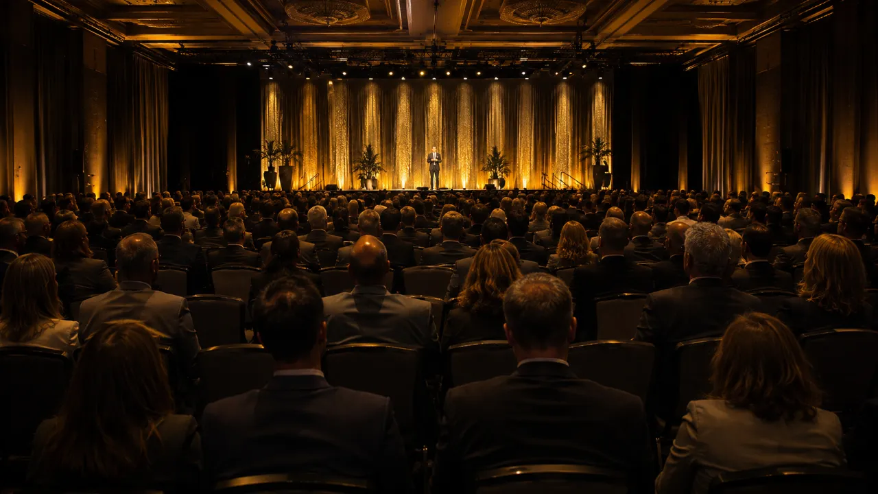 A full room of professionals seated in attention during a plenary session.