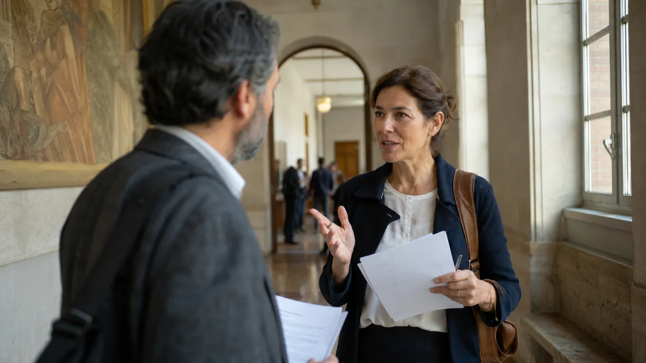 People in conversation between sessions in a bright conference foyer.